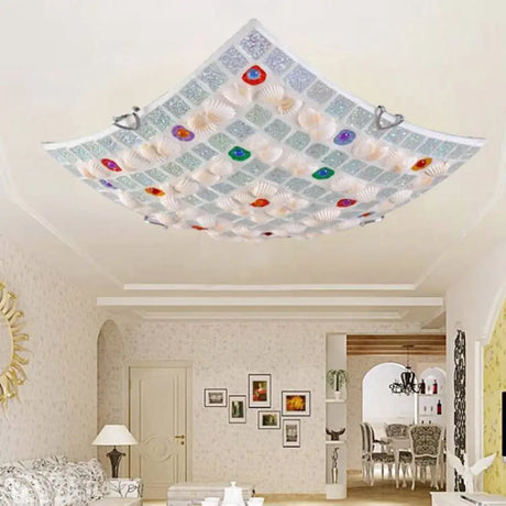 Tiffany Style Square Shell Flush Mount Ceiling Light With 3 Lights White - Ideal For Kitchen