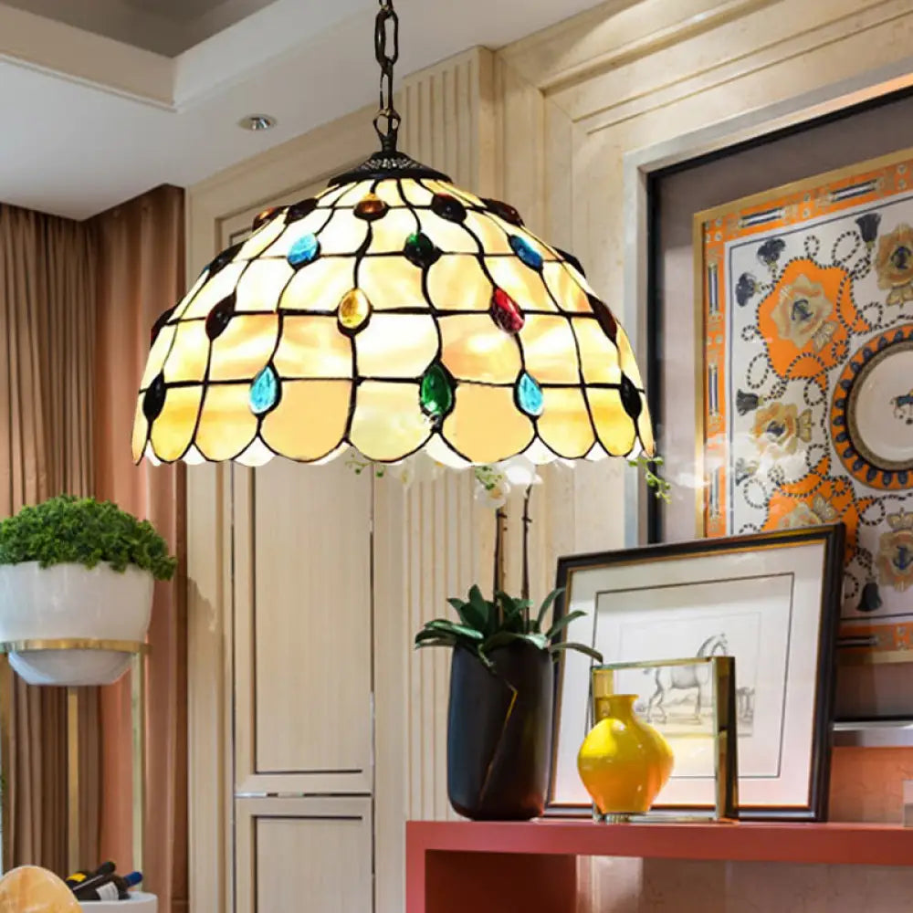 Tiffany-Style Stained Glass Bowl Pendant Lamp With Two Beige Heads And Gemstone Cabochons -