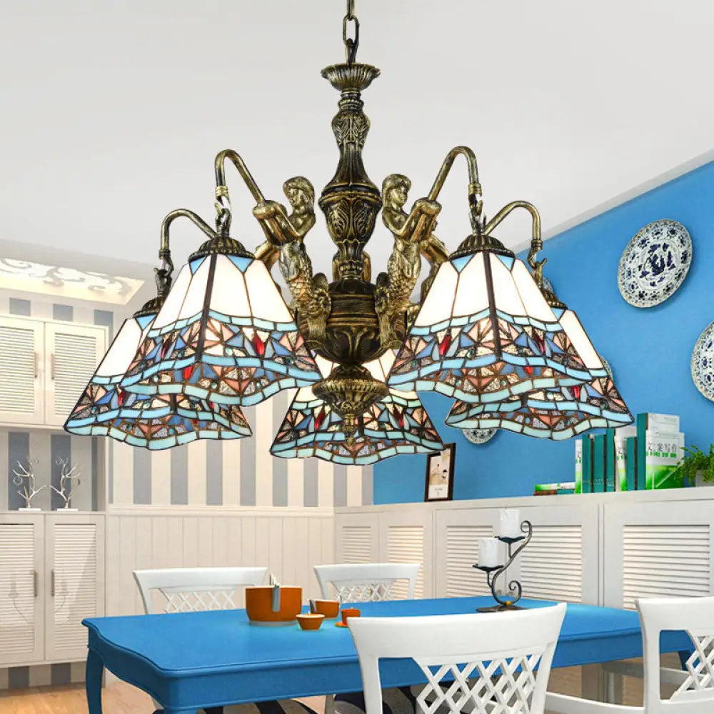 Tiffany Style Stained Glass Ceiling Chandelier: Pyramid Design With Mermaid Deco In Bronze 5 /