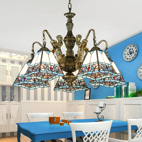 Tiffany Style Stained Glass Ceiling Chandelier: Pyramid Design With Mermaid Deco In Bronze 5 /
