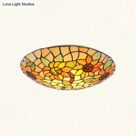 Tiffany Style Stained Glass Ceiling Light With Flower & Leaf Pattern - Retro Mediterranean Flush