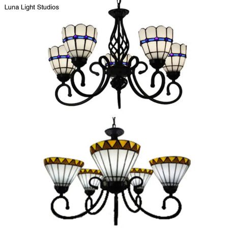 Tiffany Style Stained Glass Chandelier: Curved Arm Pendant Lamp With 5 Yellow/Blue Lights