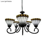 Tiffany Style Stained Glass Chandelier: Curved Arm Pendant Lamp With 5 Yellow/Blue Lights