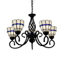 Tiffany Style Stained Glass Chandelier: Curved Arm Pendant Lamp With 5 Yellow/Blue Lights Blue