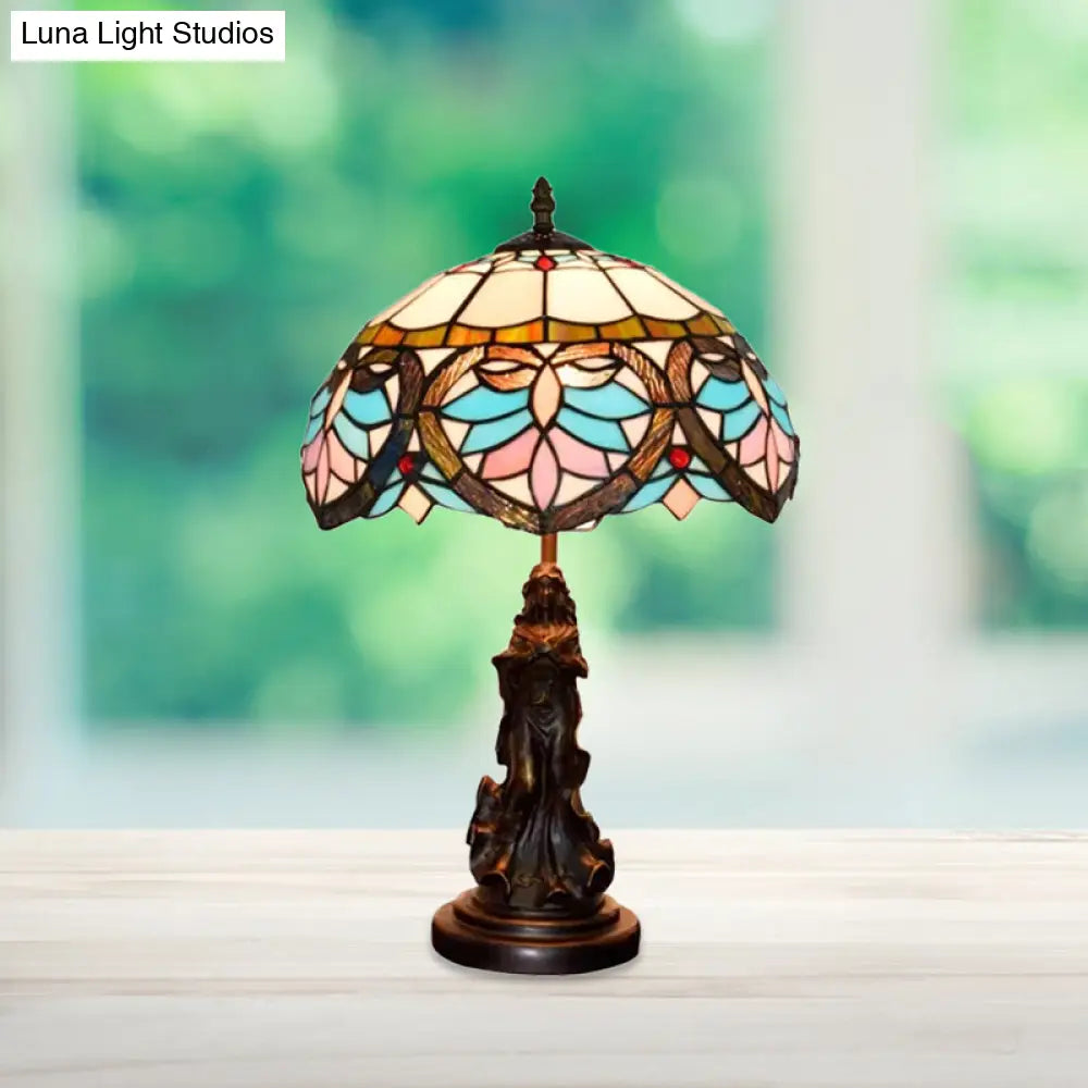 Tiffany Style Stained Glass Dome Table Lamp - Beige/Blue Color Bronze Finish Angel Decoration 1 Bulb
