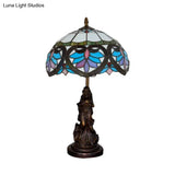 Tiffany Style Stained Glass Dome Table Lamp - Beige/Blue Color Bronze Finish Angel Decoration 1 Bulb