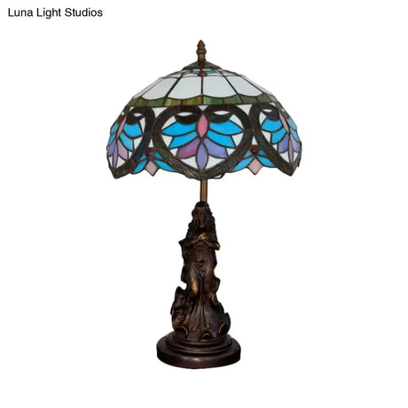 Tiffany Style Stained Glass Dome Table Lamp - Beige/Blue Color Bronze Finish Angel Decoration 1 Bulb
