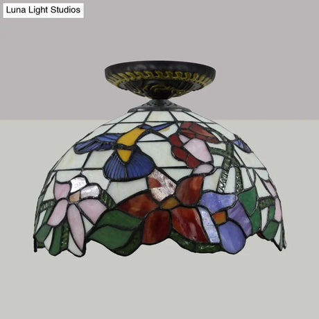 Tiffany-Style Stained Glass Floral Ceiling Fixture: Bronze Flush Mount With Single Bulb