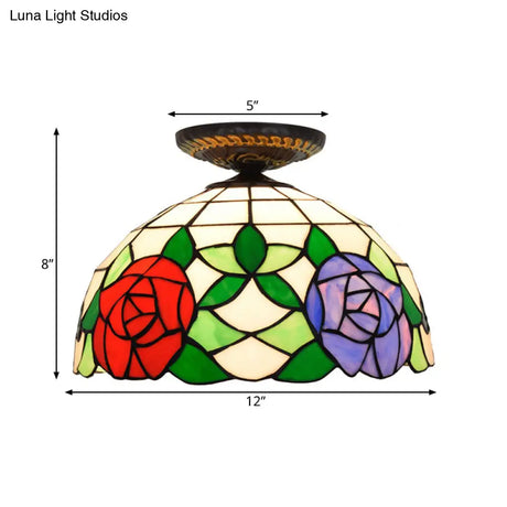 Tiffany-Style Stained Glass Floral Ceiling Fixture: Bronze Flush Mount With Single Bulb