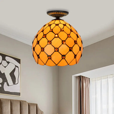 Tiffany-Style Stained Glass Jeweled Ceiling Light In Bronze Flush Mount Multiple Sizes Available /