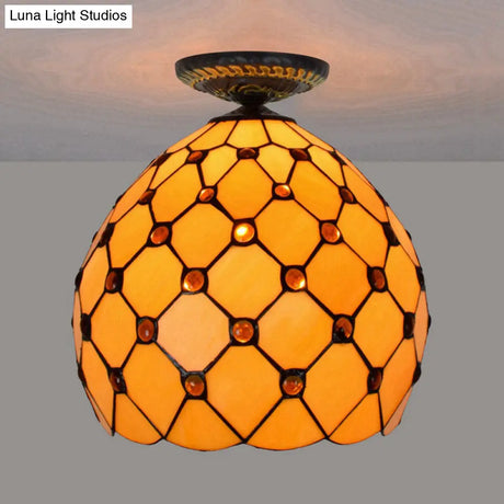Tiffany-Style Stained Glass Jeweled Ceiling Light In Bronze Flush Mount Multiple Sizes Available