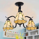 Tiffany Style Stained Glass Semi Flush Lamp - Red/Blue/Green/Blue-White 3/5 Lights Ideal For