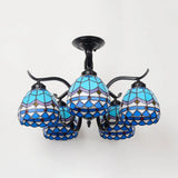 Tiffany Style Stained Glass Semi Flush Lamp - Red/Blue/Green/Blue-White 3/5 Lights Ideal For