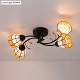 Tiffany Style Stained Glass Semi Flush Light - Blue/Orange Bowl Design Ideal For Bedrooms