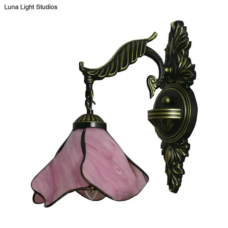 Tiffany Style Stained Glass Wall Sconce Light In Aged Brass - Clear/Pink/Light Blue/Dark Blue/Beige