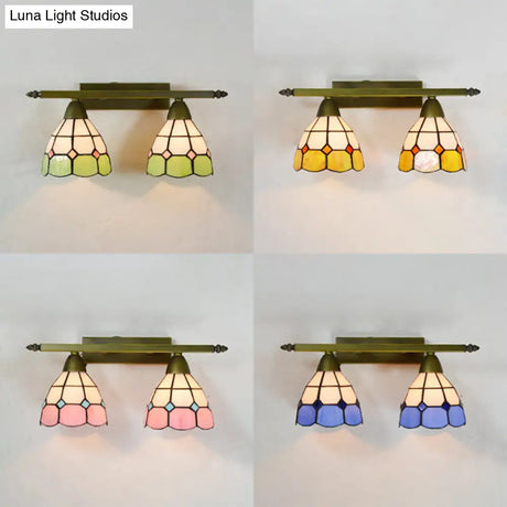 Tiffany Style Stained Glass Wall Sconce Light With Domed Design - 2 Heads In Yellow/Pink/Green/Blue