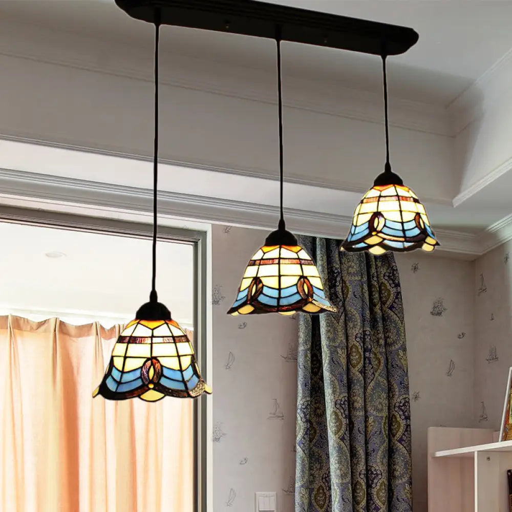 Tiffany Victorian Bell Shade Stained Glass Pendant Light - Blue 3 Heads Hotel Style / Linear