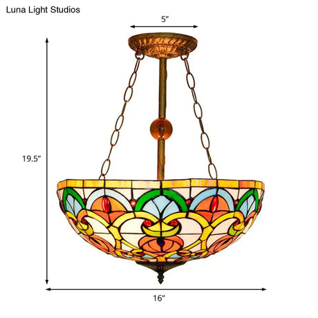 Tiffany Victorian Stained Glass Ceiling Light With Multi-Colored Inverted Bowl For Bedroom