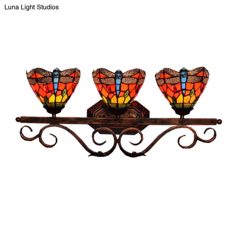 Tiffany Vintage Dragonfly Wall Lamp With 3 Orange Stained Glass Lights For Restaurants