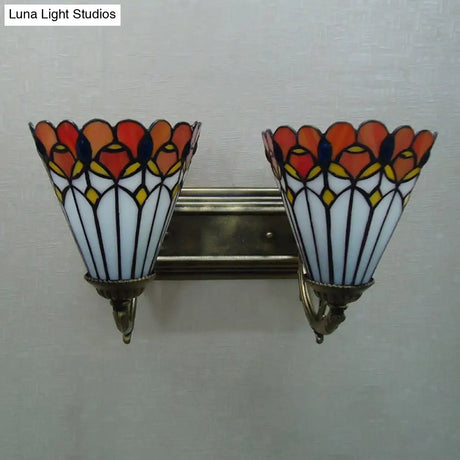 Tiffany Vintage Orange Wall Sconce With Cone Shade - 2-Light Art Glass Light For Bathroom