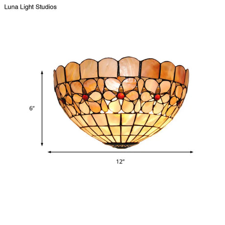 Tiffany Vintage Shell Wall Sconce Beige/Pink-White Flower Pattern For Corridor & Office Lighting