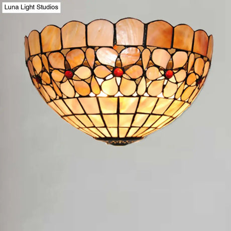 Tiffany Vintage Shell Wall Sconce Beige/Pink-White Flower Pattern For Corridor & Office Lighting