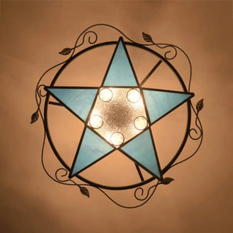 Tiffany Vintage Stained Glass 5 Pointed Star Ceiling Light - Semi Flush Mount In Multi - Color Blue