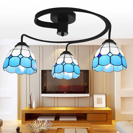 Tiffany Vintage Stained Glass Semi Flush Light Fixture - 3/5-Light Bowl Design For Bedroom Décor