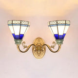 Tiffany Wall Lamp With Stained Glass Cone Shade - 2-Light Foyer Lighting Dark Blue
