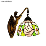 Tiffany Wall Mount Sconce Light With Stained Glass Shade And Mermaid Backplate - Pink/Green-Pink