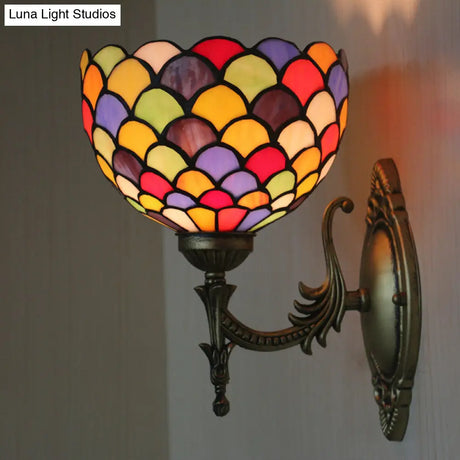 Tiffany Wall Sconce Light - Single-Bulb Stained Glass Fixture In Bronze With Spots And Semicircles