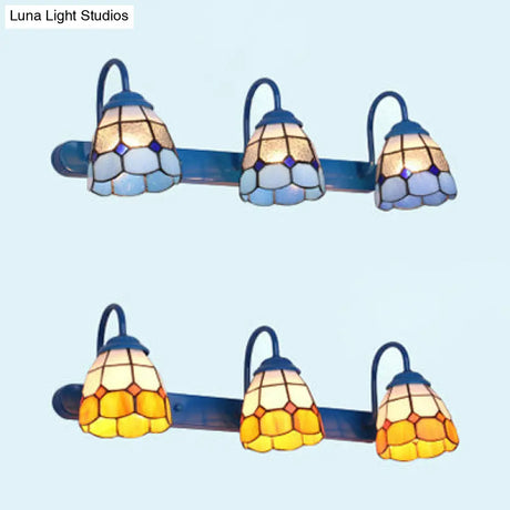 Tiffany Yellow/Blue Glass Sconce Light Fixture For Bathroom - 3 Heads Dome Vanity Wall