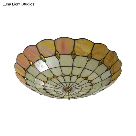 Tiffany Yellow Dome Shade Flush Mount Ceiling Light With Jewel Decoration - Available In 3 Sizes