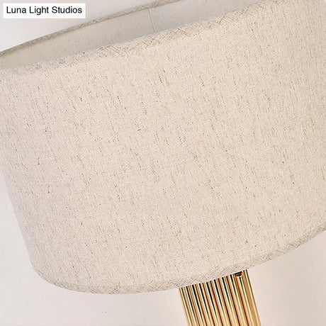 Traditional 1-Light Drum Desk Lamp - Black/White/Flaxen Fabric Bedroom Task Lighting With Metal Base