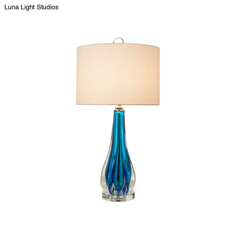Traditional 1-Light White Fabric Table Lamp With Blue/Gold Vase Base