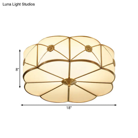 Traditional 1-Tiered White Glass & Gold Flush Mount Chandelier - 3/4/6 Bulbs (14’/18’/23.5’ Width)