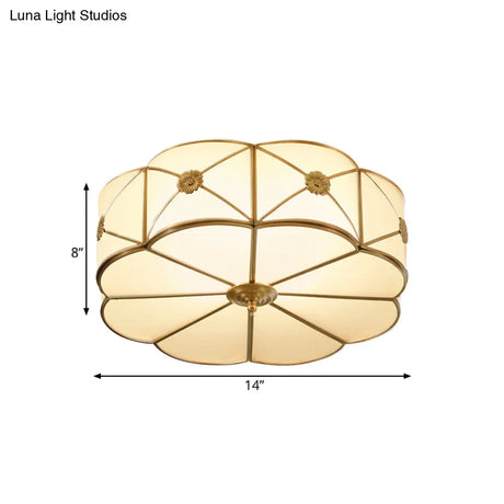 Traditional 1-Tiered White Glass & Gold Flush Mount Chandelier - 3/4/6 Bulbs (14’/18’/23.5’ Width)