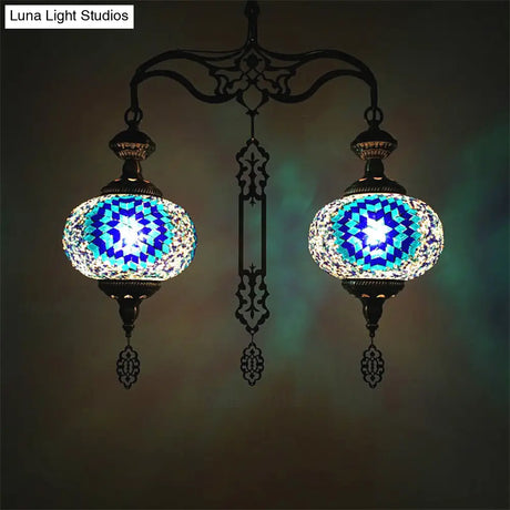 Traditional 2-Head Red/Blue Glass Chandelier Pendant Light For Hallway - Global