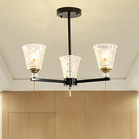 Traditional 3/6-Light Chandelier With Clear Textured Glass Cones - Bedroom Pendant Lamp 3 /