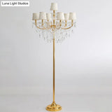 Traditional 7-Head Fabric Pleated Floor Lamp In Gold With Crystal Accent - Perfect For Living Room
