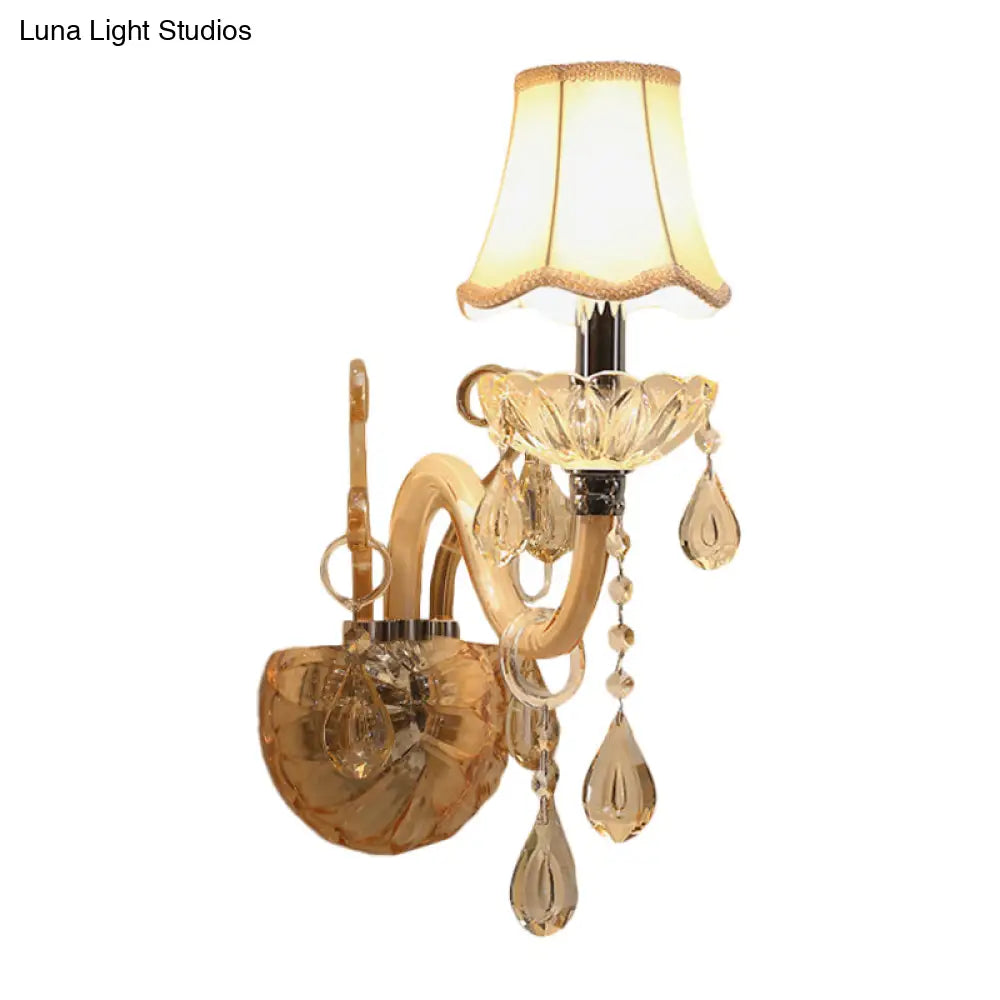 Traditional Amber Glass Candle Wall Sconce With Scalloped Fabric Shade - Bedroom Lighting
