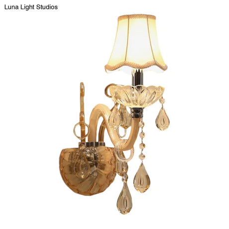 Traditional Amber Glass Candle Wall Sconce With Scalloped Fabric Shade - Bedroom Lighting