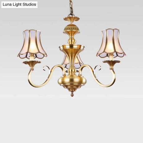 Traditional Bedroom Chandelier Light With Frosted Glass Shades - Polished Brass Finish 3/5/6 Lights