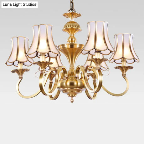Traditional Bedroom Chandelier Light With Frosted Glass Shades - Polished Brass Finish 3/5/6 Lights