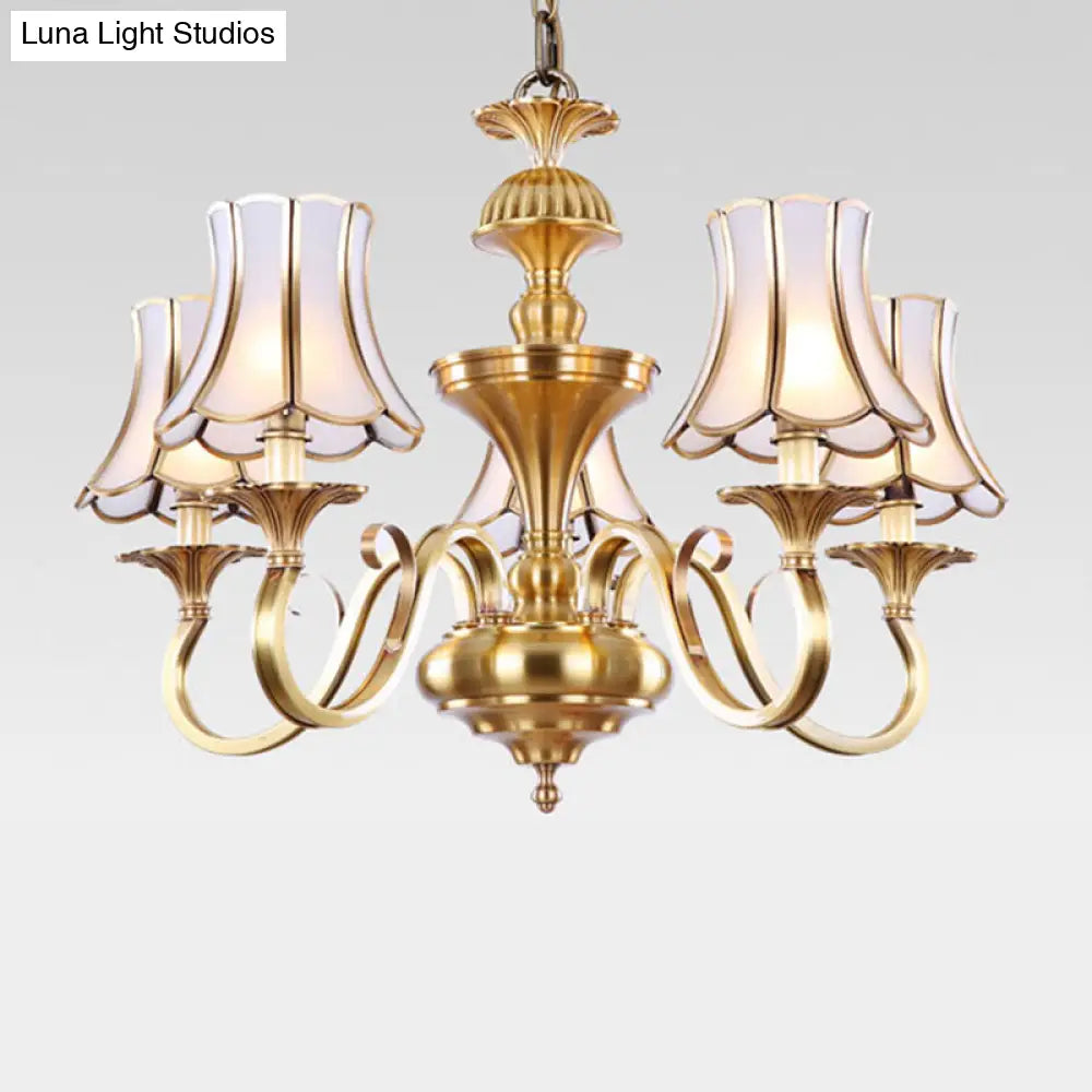 Traditional Bedroom Chandelier Light With Frosted Glass Shades - Polished Brass Finish 3/5/6 Lights