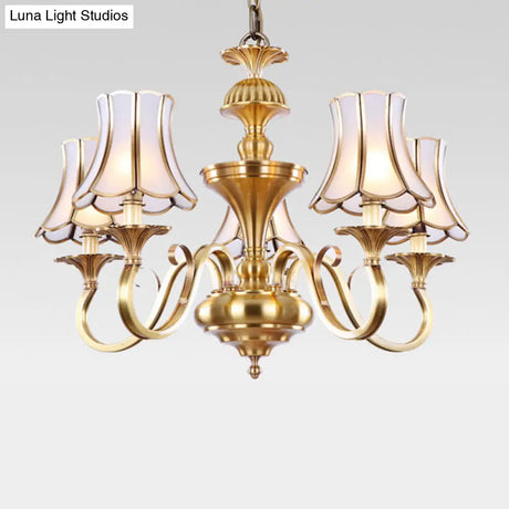 Traditional Bedroom Chandelier Light With Frosted Glass Shades - Polished Brass Finish 3/5/6 Lights