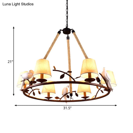 Traditional Beige Chandelier With 6 Lights And Cone Shade - Fabric Wagon Wheel Pendant Lamp