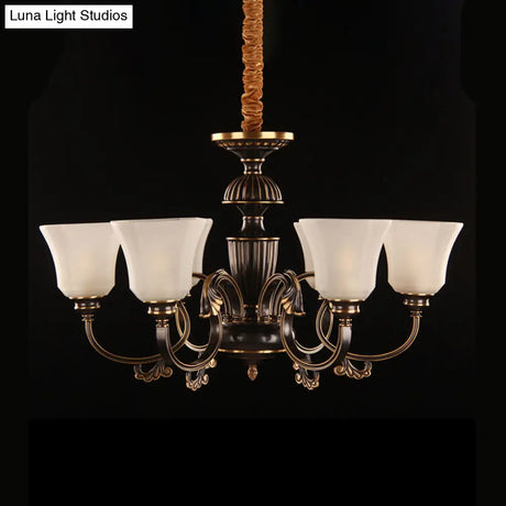 Traditional Bell Chandelier With 6 Lights: Black & Gold White Frosted Glass Pendant Lamp