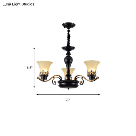 Traditional Bell Frosted Glass Chandelier Pendant Light For Living Room - Black 3/6/8 Lights