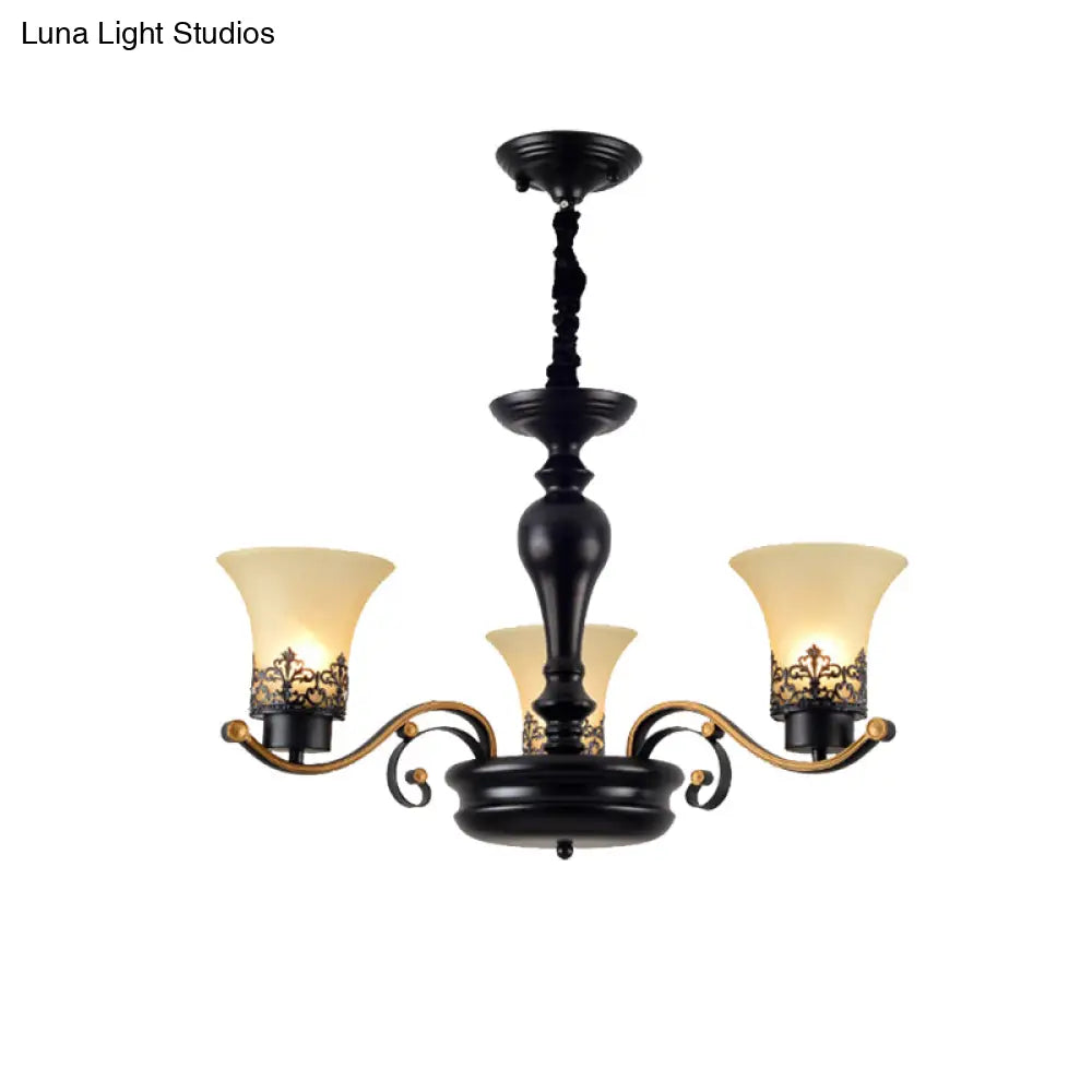 Traditional Bell Frosted Glass Chandelier Pendant Light For Living Room - Black 3/6/8 Lights